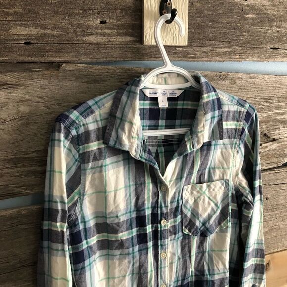 old Navy size Med White and blue basic plaid button down shirt - Picture 2 of 4